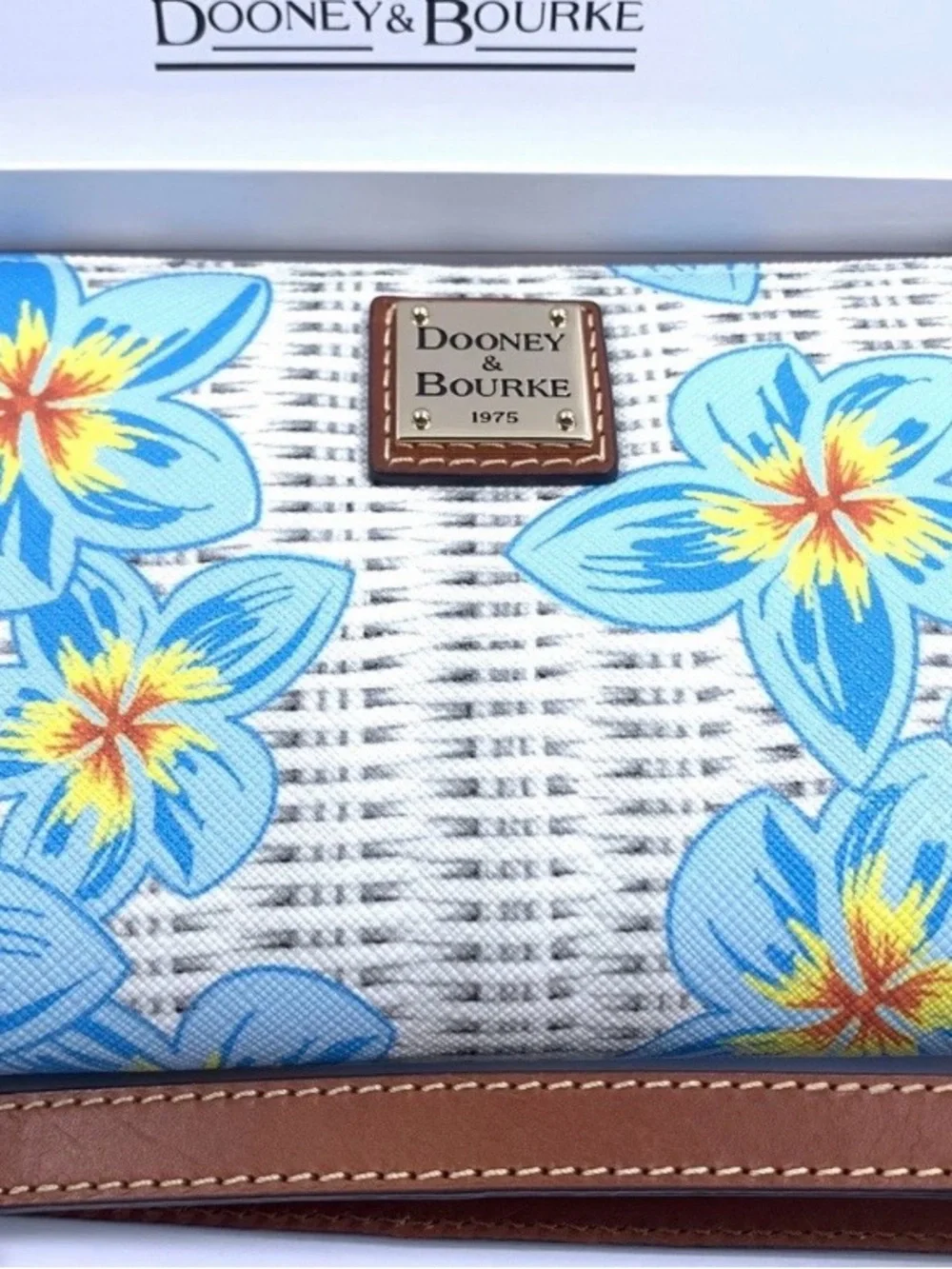 Dooney & Bourke Blue Floral Shoulder Bag with Tan Trim